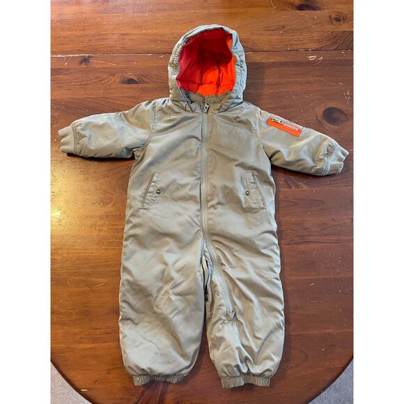 Baby Gap 12-18 Months Snowsuit Hooded One Piece Olive Green Orange Pockets Flaws - Picture 1 of 16